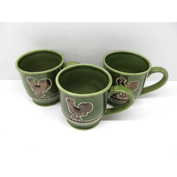 Cracker Barrel Elegant Rooster Green 4"  Mugs  Set Of 3 - Picture 2 of 9